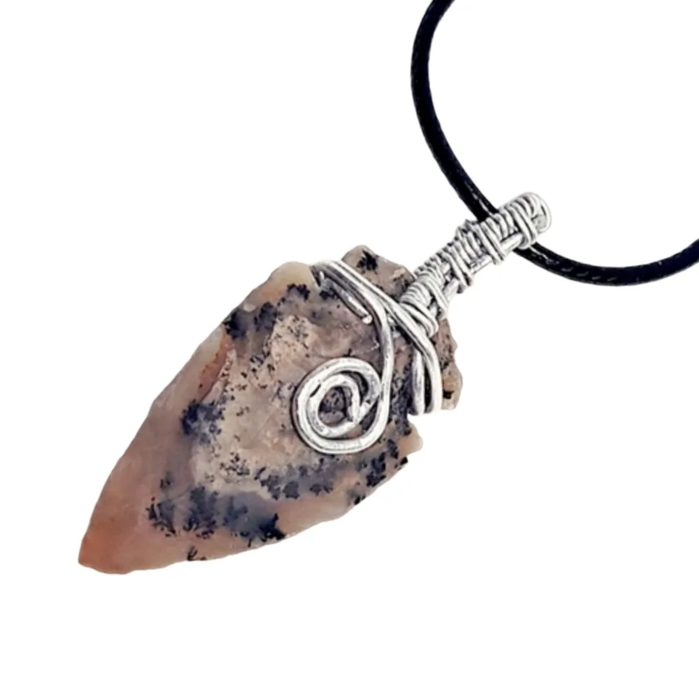 Natural Stone Arrowhead Necklace w/ Architectural Wire Bail | Black Cord | NWOT